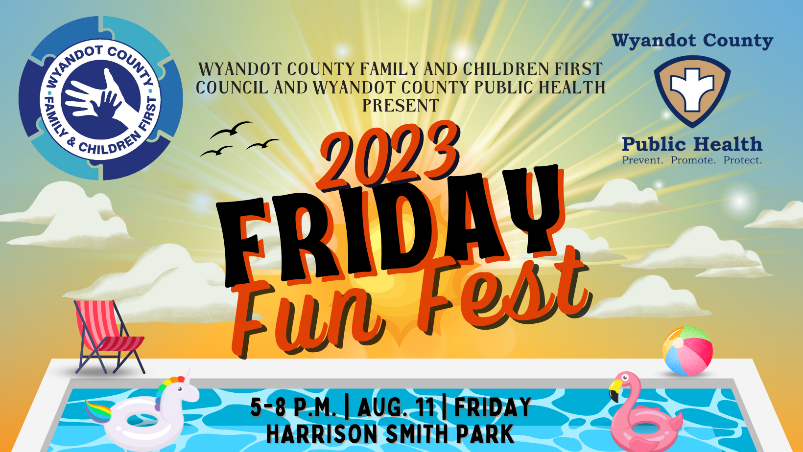 Sun and water background with text describing the 2023 Friday Fun Fest Details